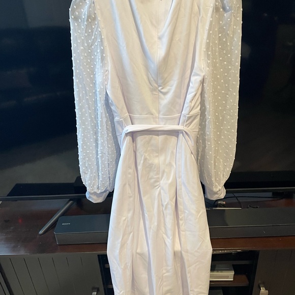 JASAMBAC Women's Bodycon Pencil Dress Swiss Dot Lantern Sleeve Work Dresses with - Picture 4 of 6